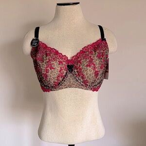 FELINA Leopard Print Neon Pink Floral Embroidery Bra Rebecca 38DD NEW WITH TAG
